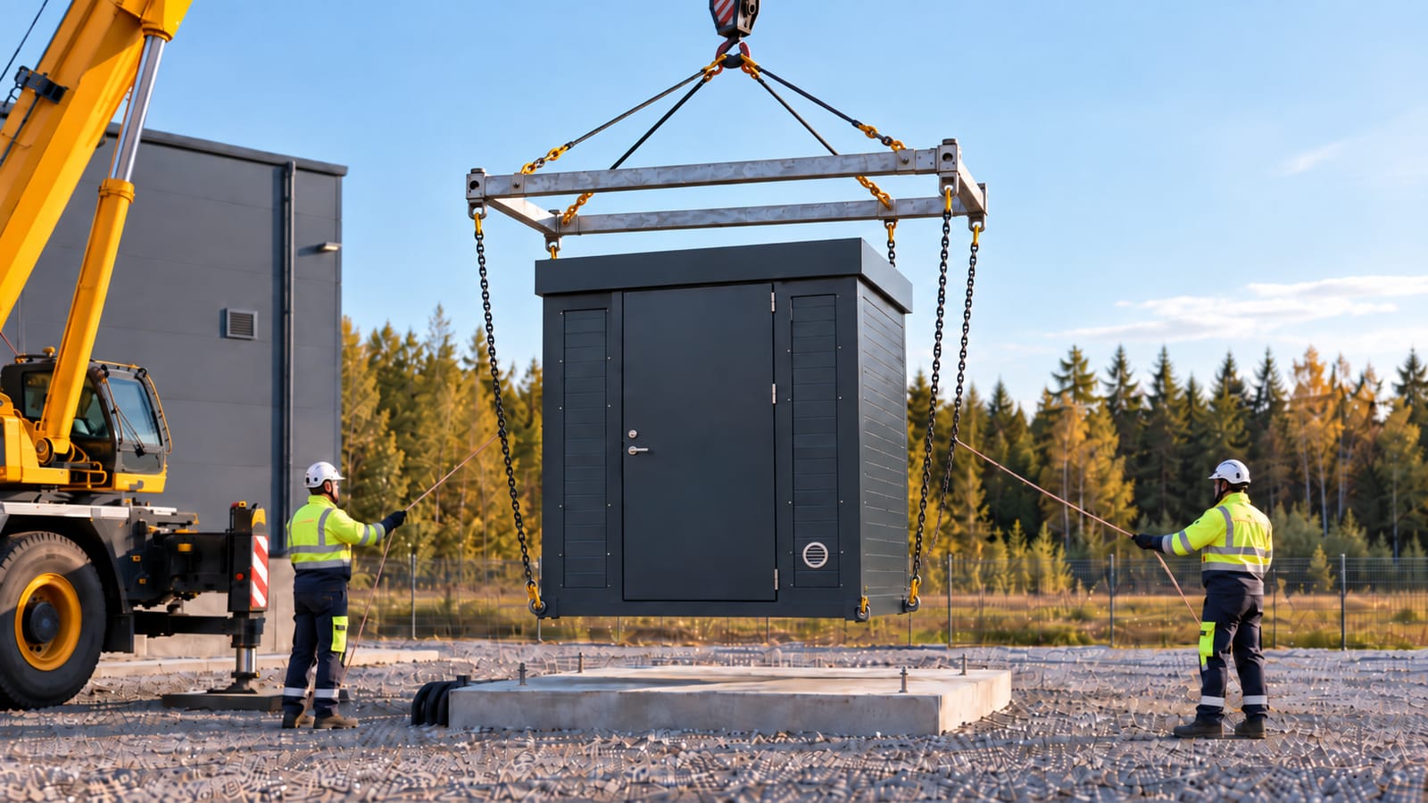 Energiasalvestuskonteineri tõstmine kraanaga tõsteraami ja kettidega betoonalusele